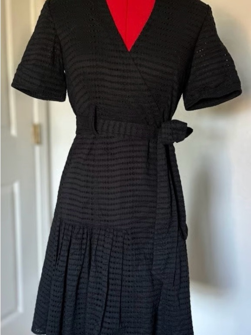 Karen Millen Black Textured Wrap Dress with Waist Tie